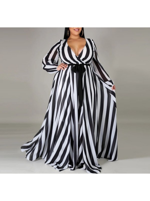 Vestito Donna Lungo a Righe Taglie Grandi Woman Oversize Maxi Dress OS120013B- f5